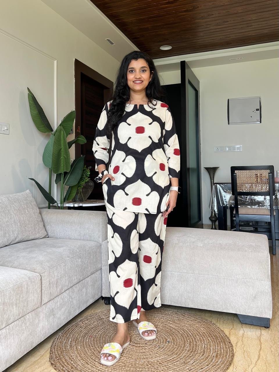 Sia Cotton Lounge Set- Black Big Floral