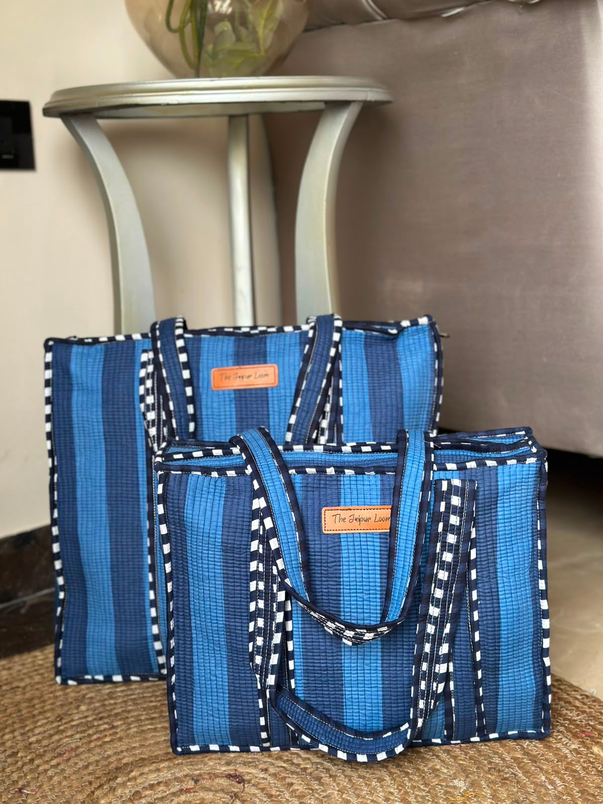 Quilted Tote Bag- Blue Stripes