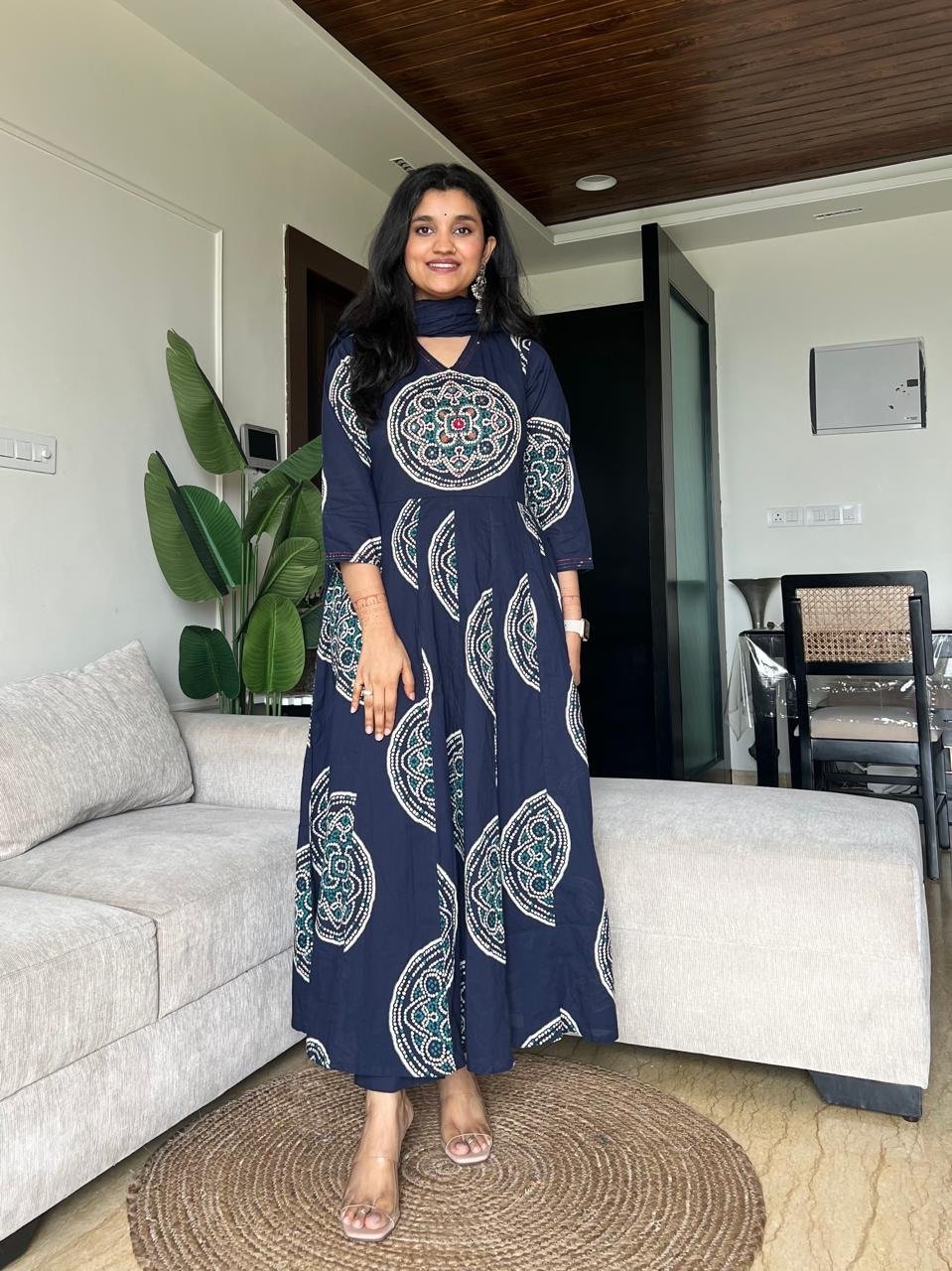 Raga Crushed Dupatta Anarkali Set- Blue