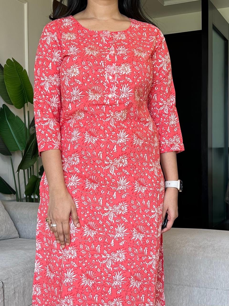 Gota Cotton Kurta- Neon Peach