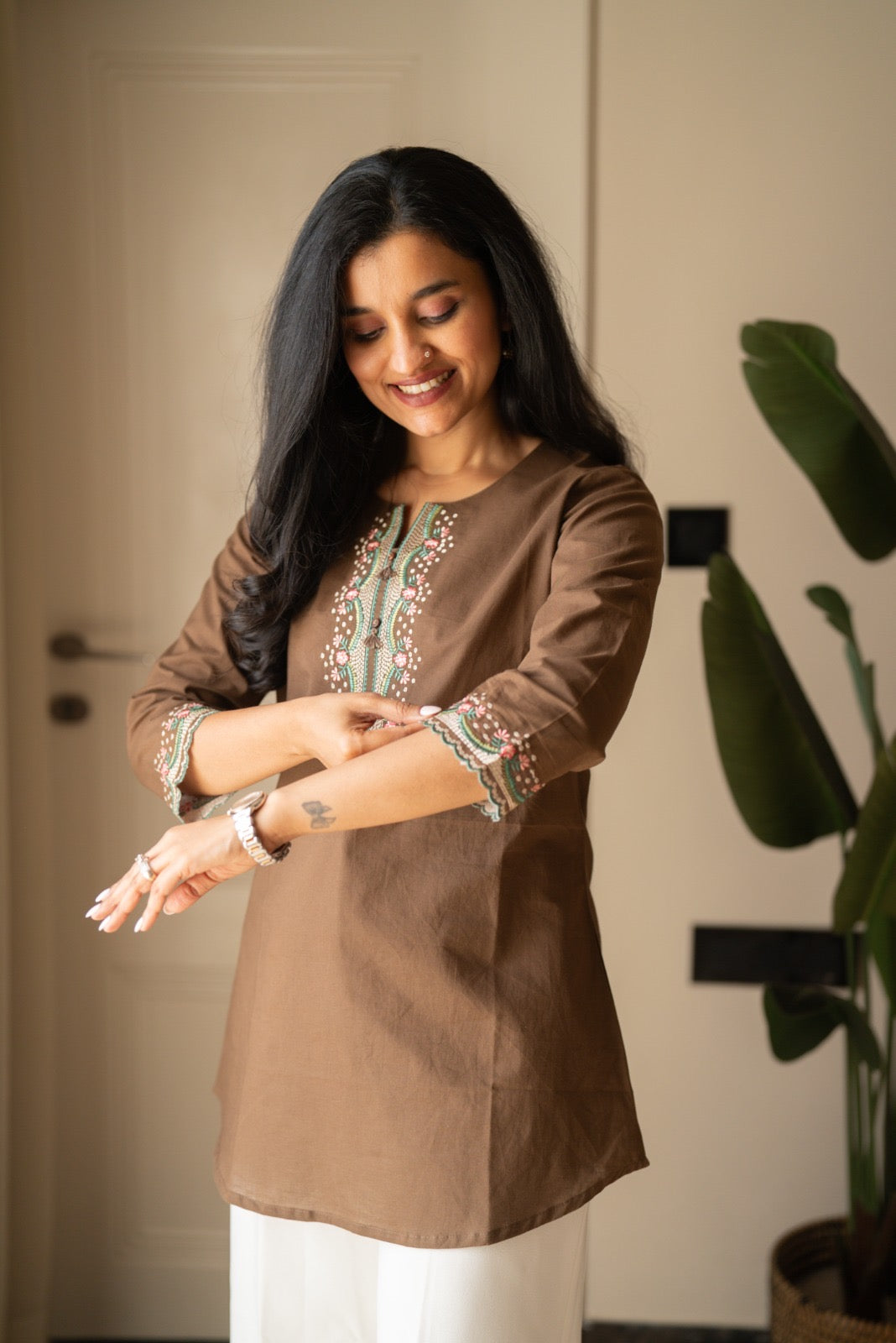 Roma Embroidered Cotton Top- Brown