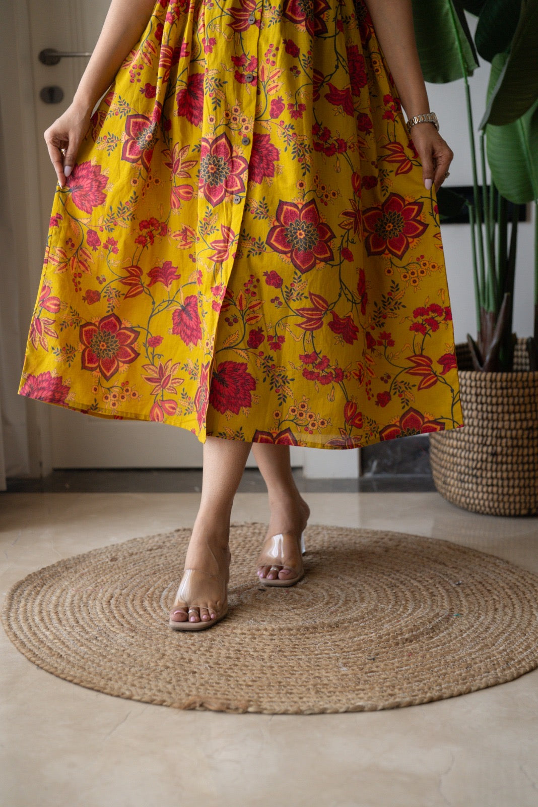 Drishy Maternity Cotton Dress- Mustard Florals