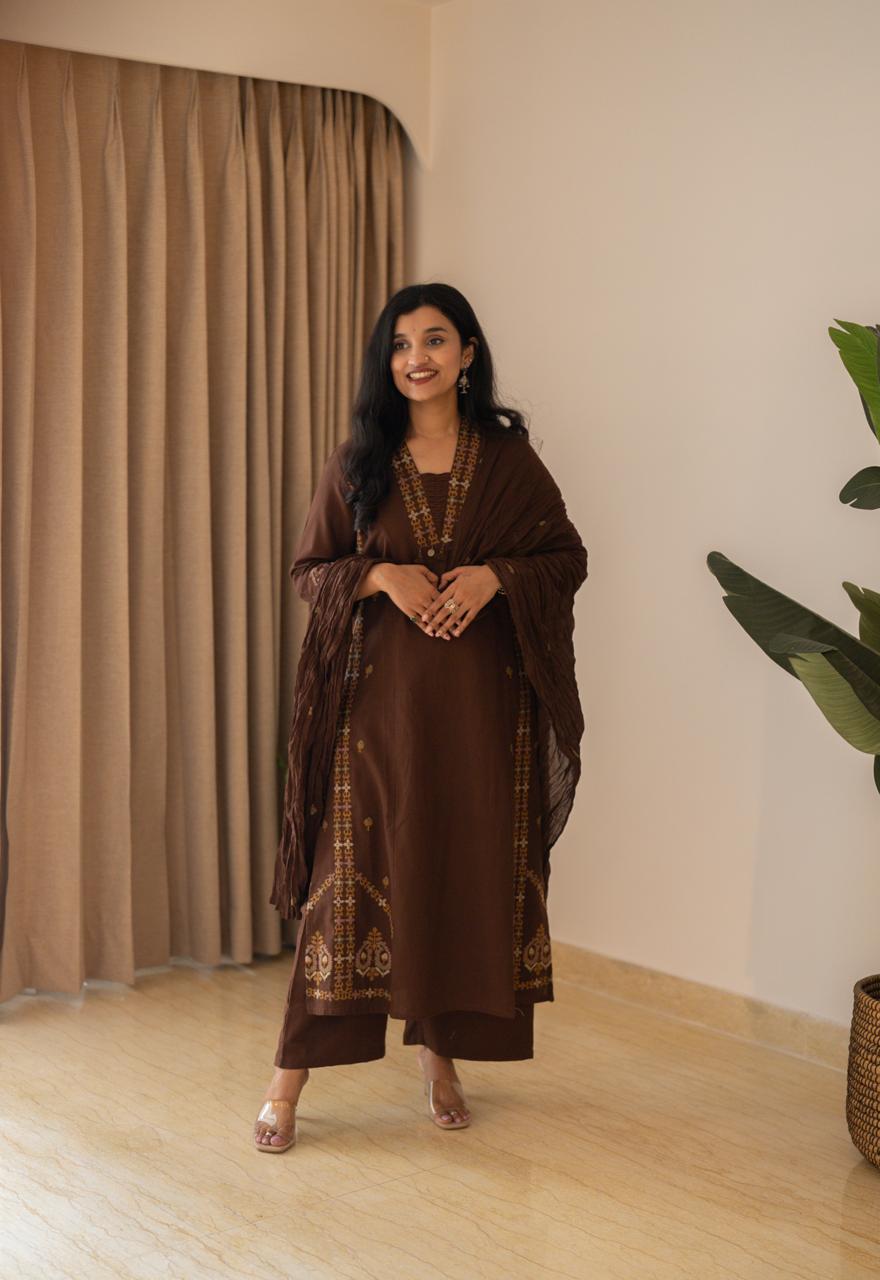 Tamana Embroidered A-line Suit- Brown