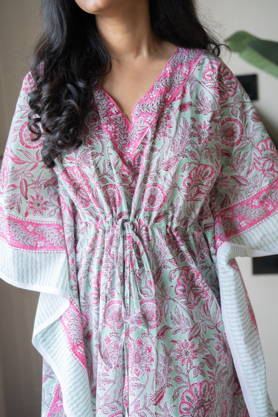 Kashi Block Print Kaftan- Pastel Green Bel