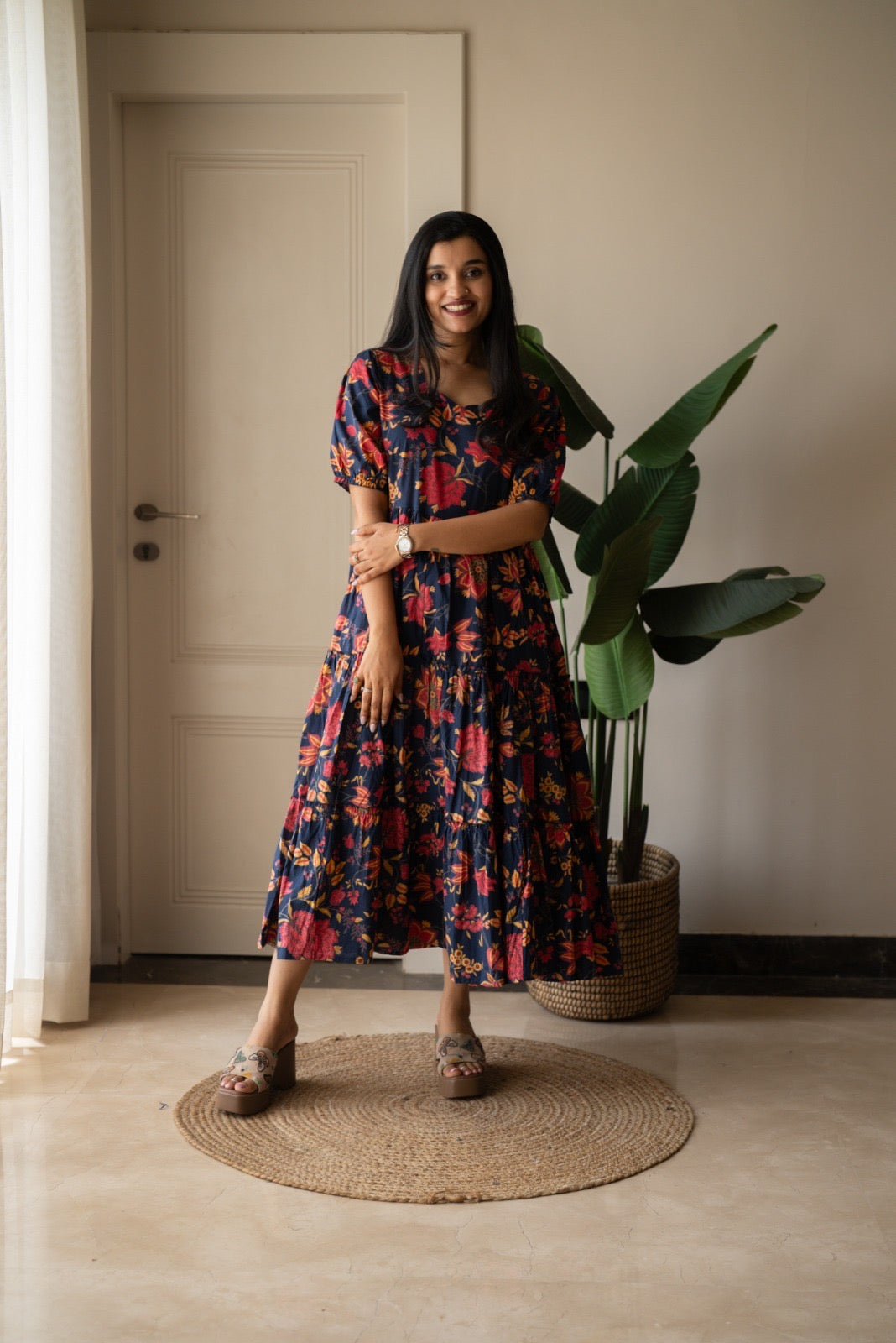 Prisha Tiered Maxi Dress- Dark Blue Florals