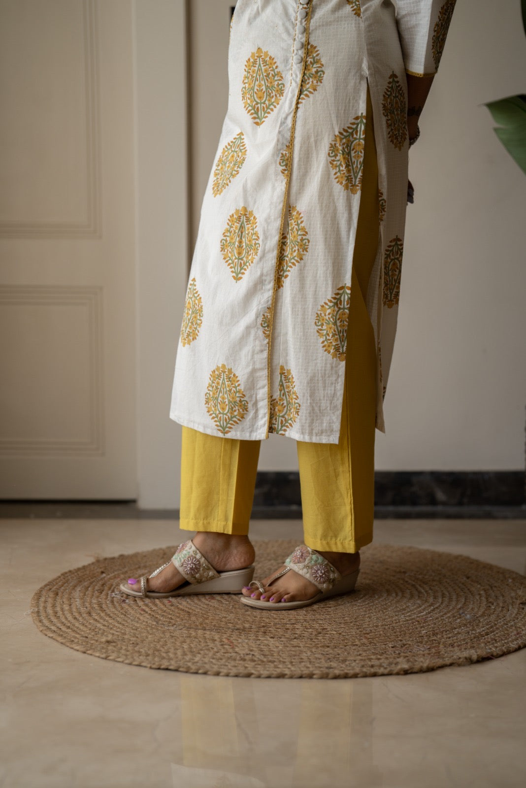 Ruh Angrakha White Boota Set- Yellow