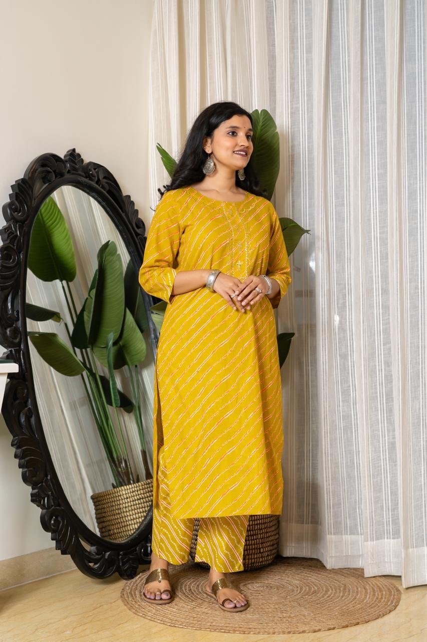 Budget Leheriya Cotton Suit- Yellow Ochre