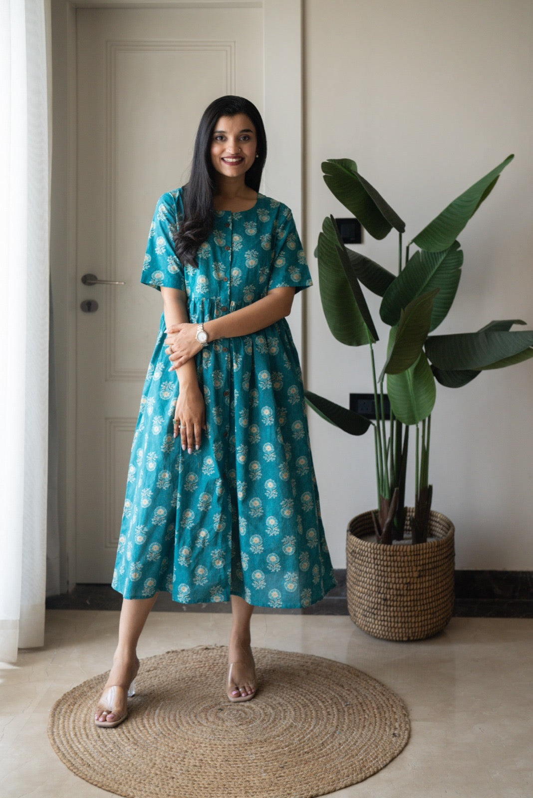 Drishy Maternity Cotton Dress- Blue Booti