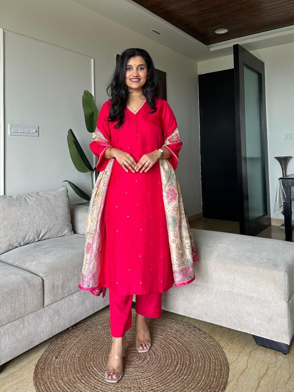 Ruhaana Mul Chanderi Luxe Set- Hot Pink