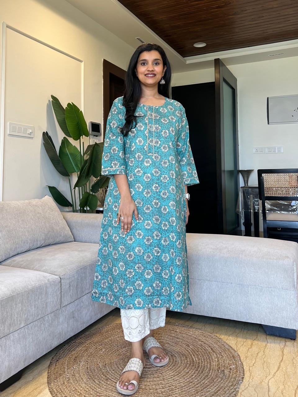 Gota Cotton Kurta- Blue phool
