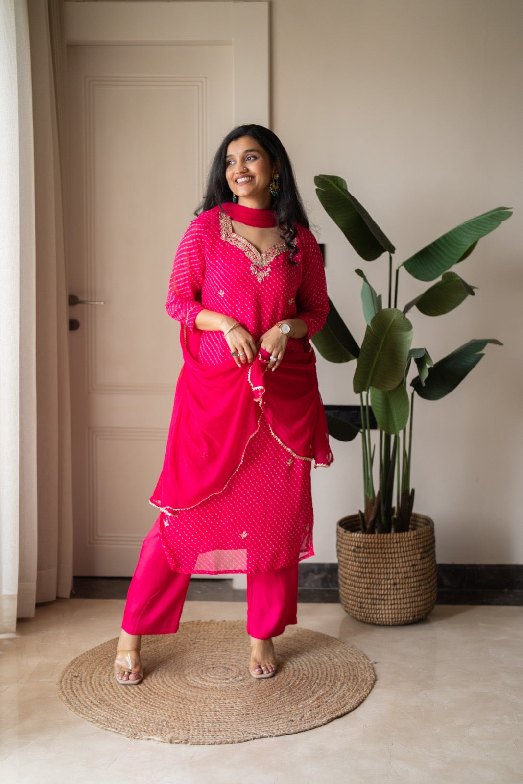 Prisca Pink Mothra Georgette Suit