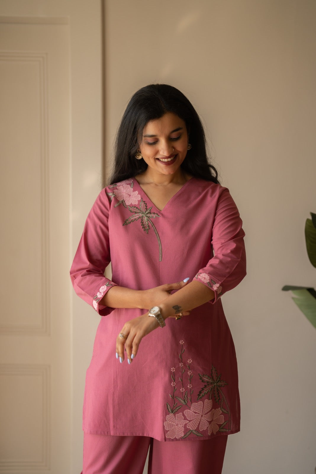 Ginni Embroidered Cotton Coord Set- Pink