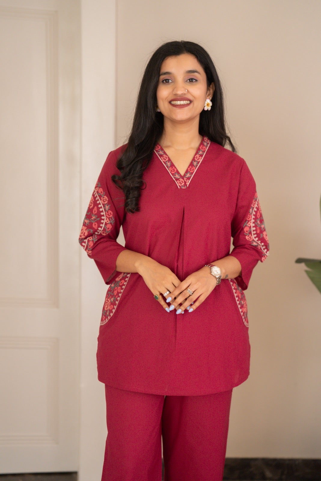 Risha Embroidered Coord Set- Dark Pink