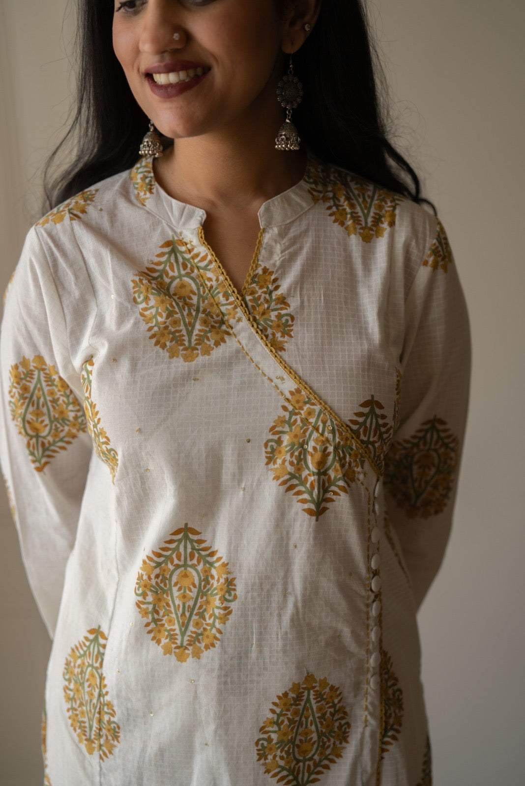 Ruh Angrakha White Boota Set- Yellow