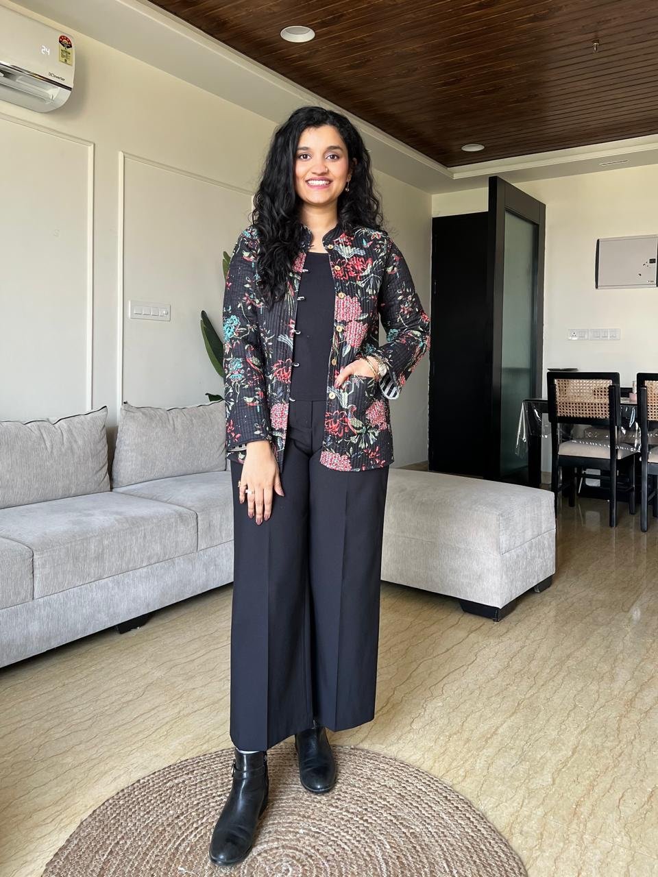 Reversible Quilted Jacket- Black Colorful Florals