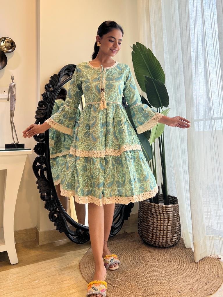 Green Floral Short Twirl Dress