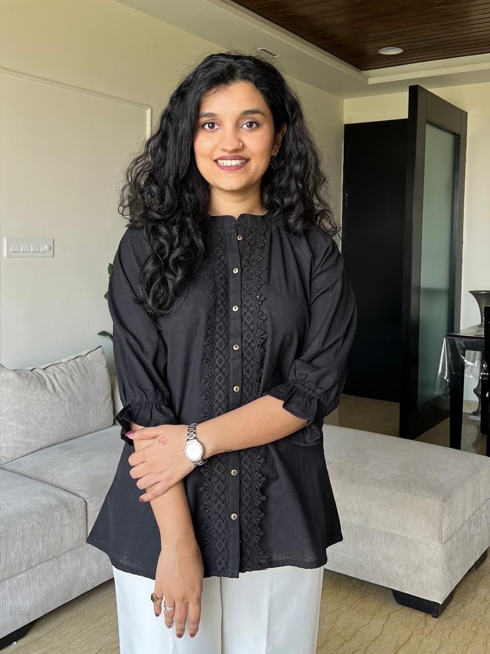 Tisha Cotton Embroidered Top- Black