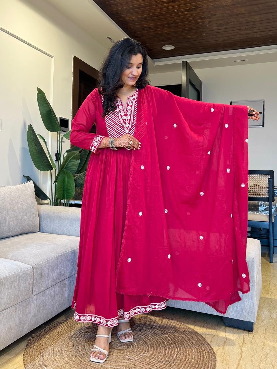 Shayla Embroidered Mulmul Anarkali Set- Dark Pink