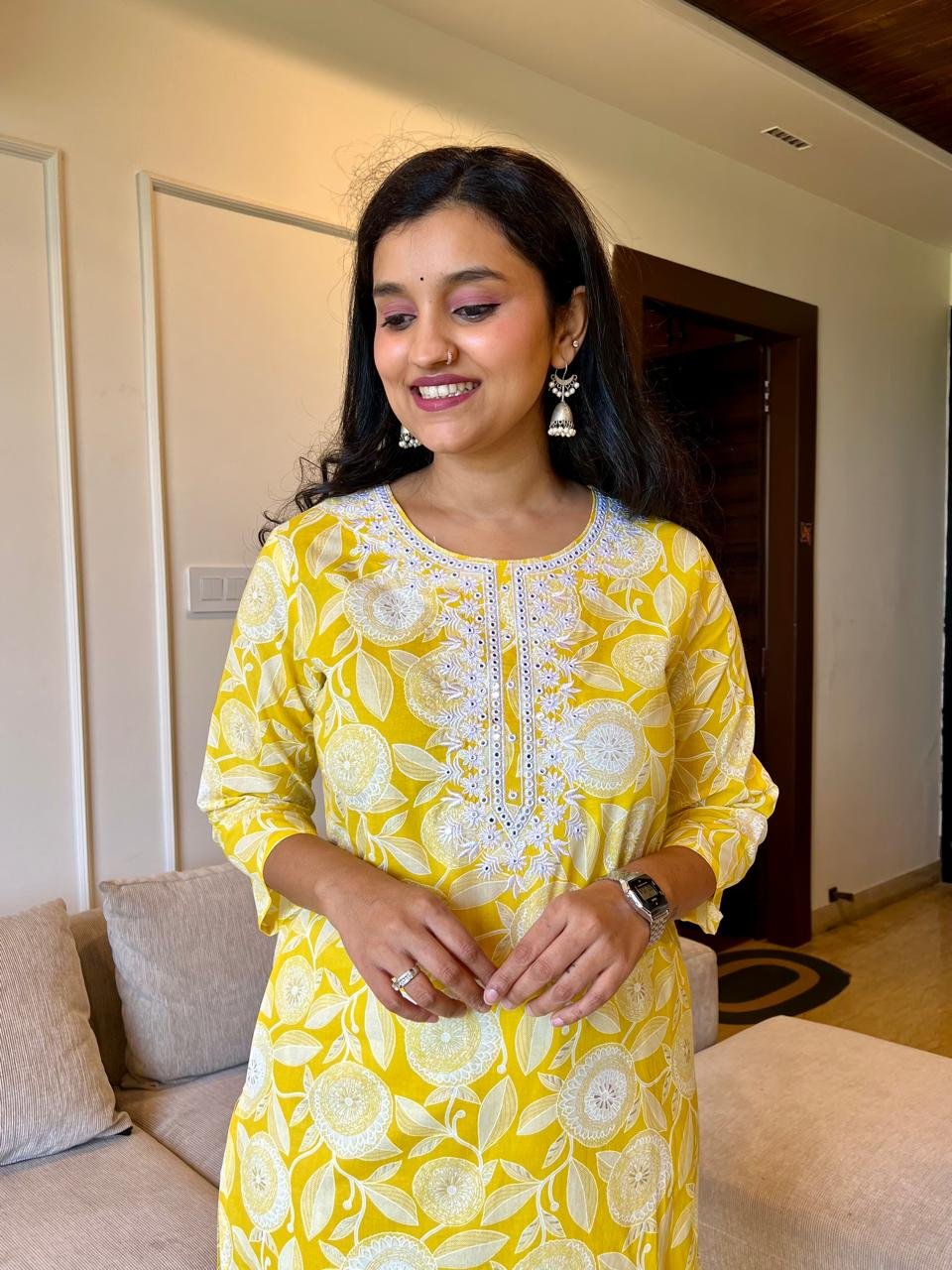 Mahima Threadwork Cotton Kurtas - Yellow