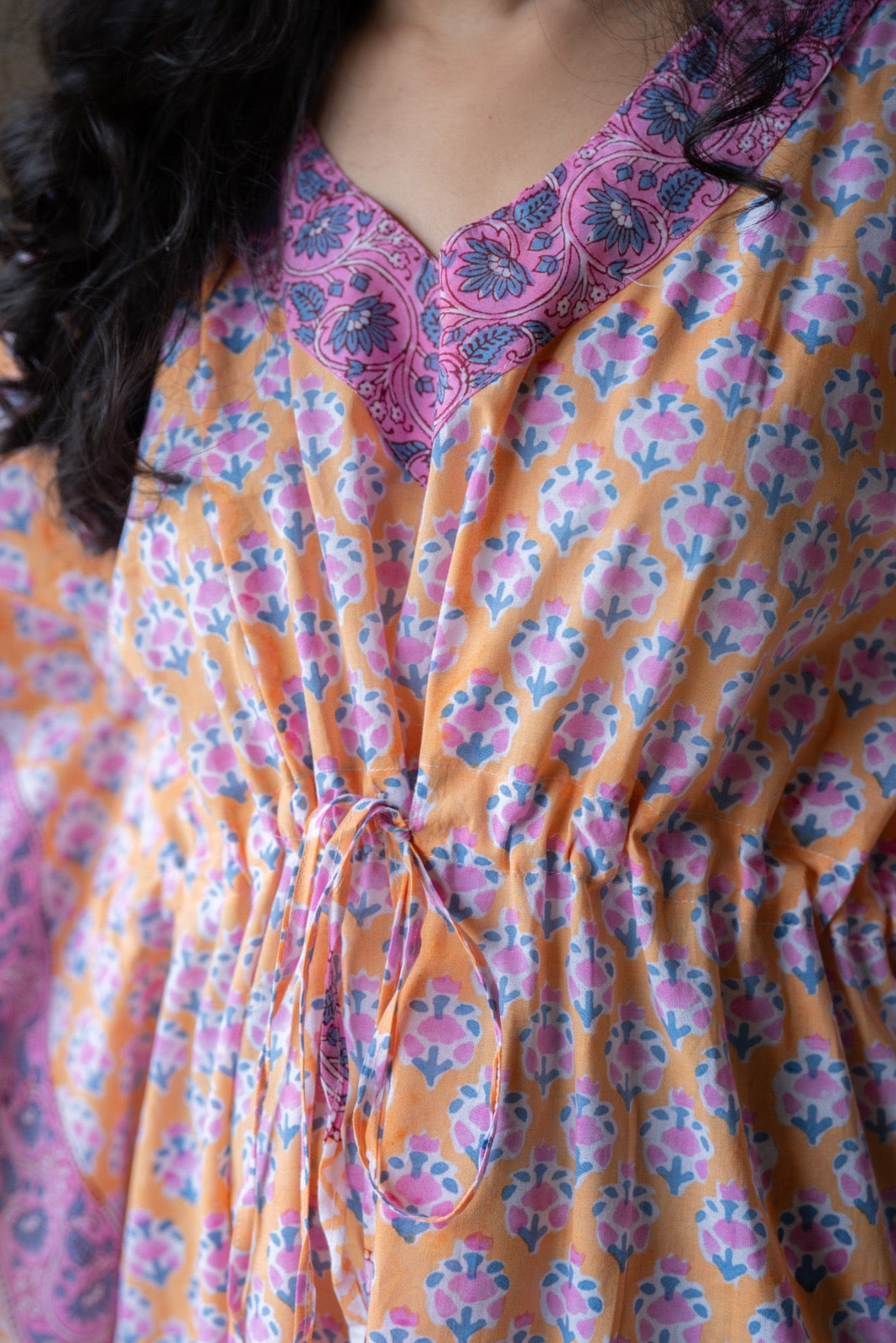 Kashi Block Print Kaftan- Peach Booti