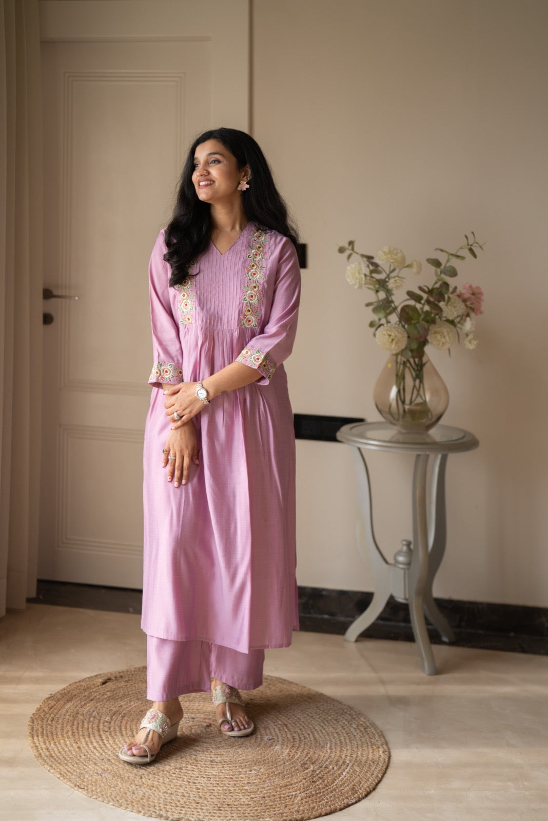Amber Muslin Embroidered Pant Set- Pastel Pink