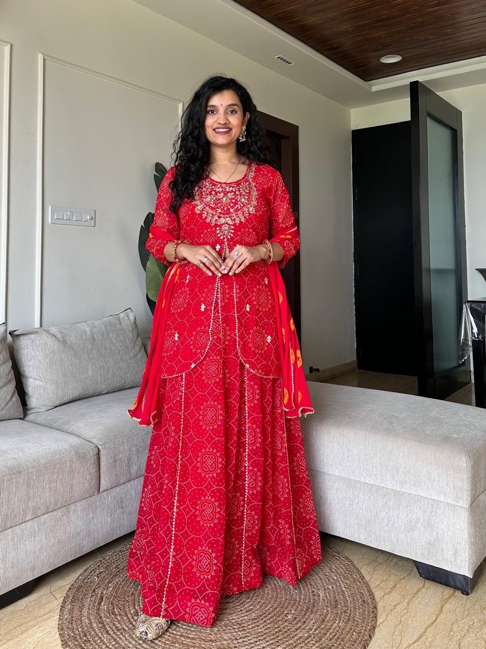 Shyama Red Bandhej Georgette Skirt Set