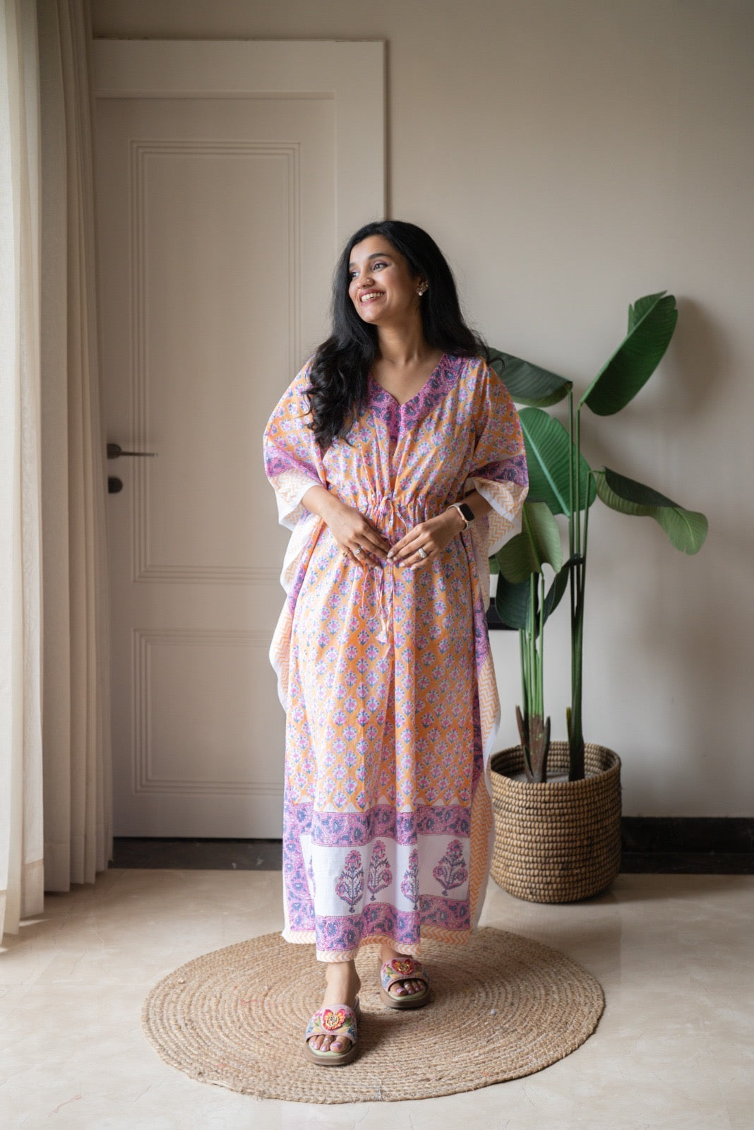Kashi Block Print Kaftan- Peach Booti
