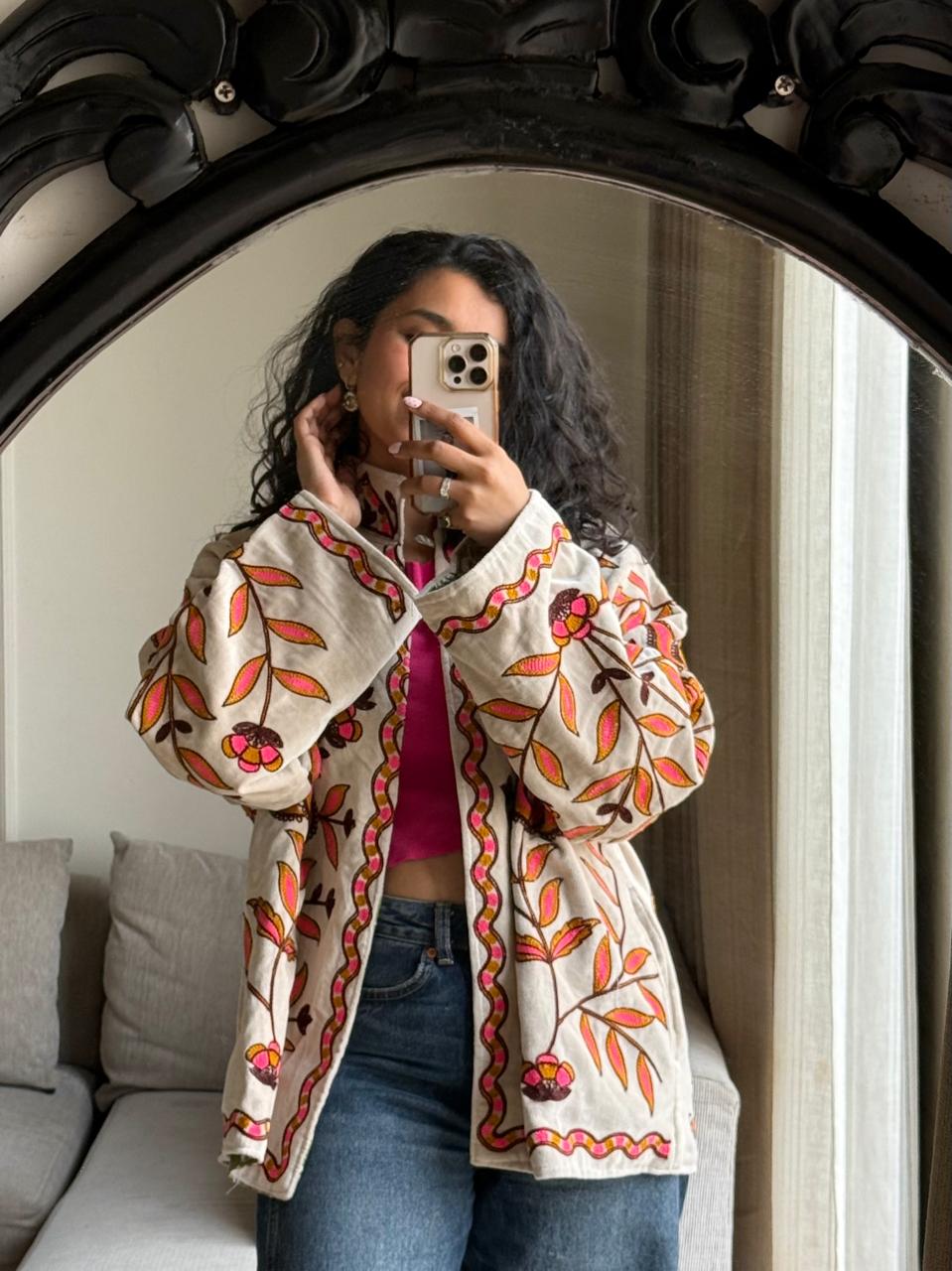 Suzani Velvet Jacket- White Pink Florals