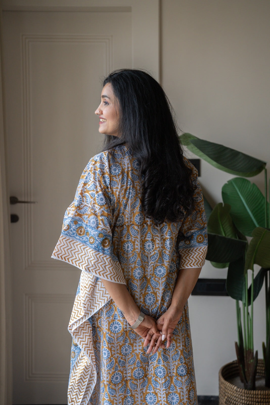 Kashi Block Print Kaftan- Brown Blue Booti