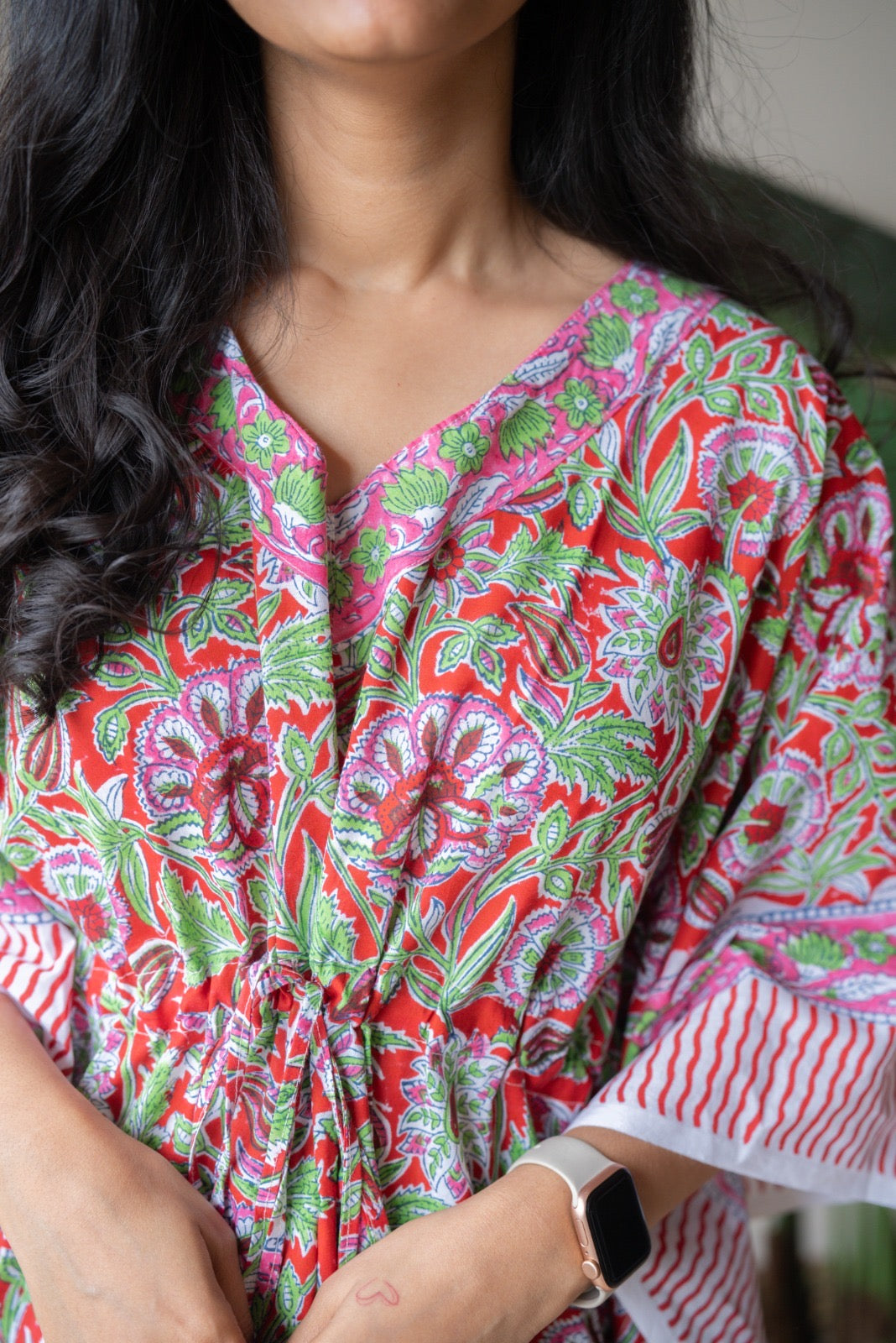 Kashi Block Print Kaftan- Bright Red Jaal