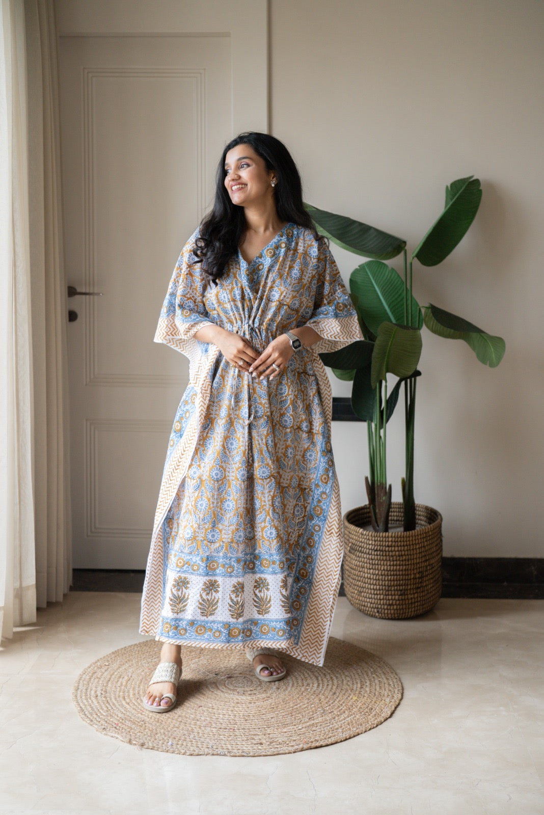 Kashi Block Print Kaftan- Brown Blue Booti