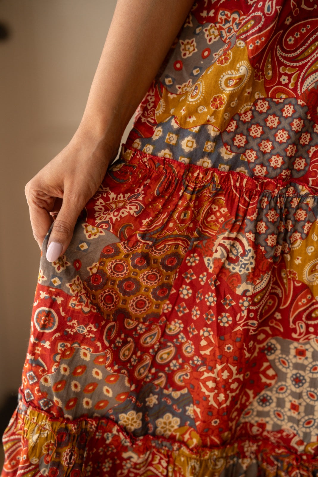 Prisha Tiered Maxi Dress- Red Mix
