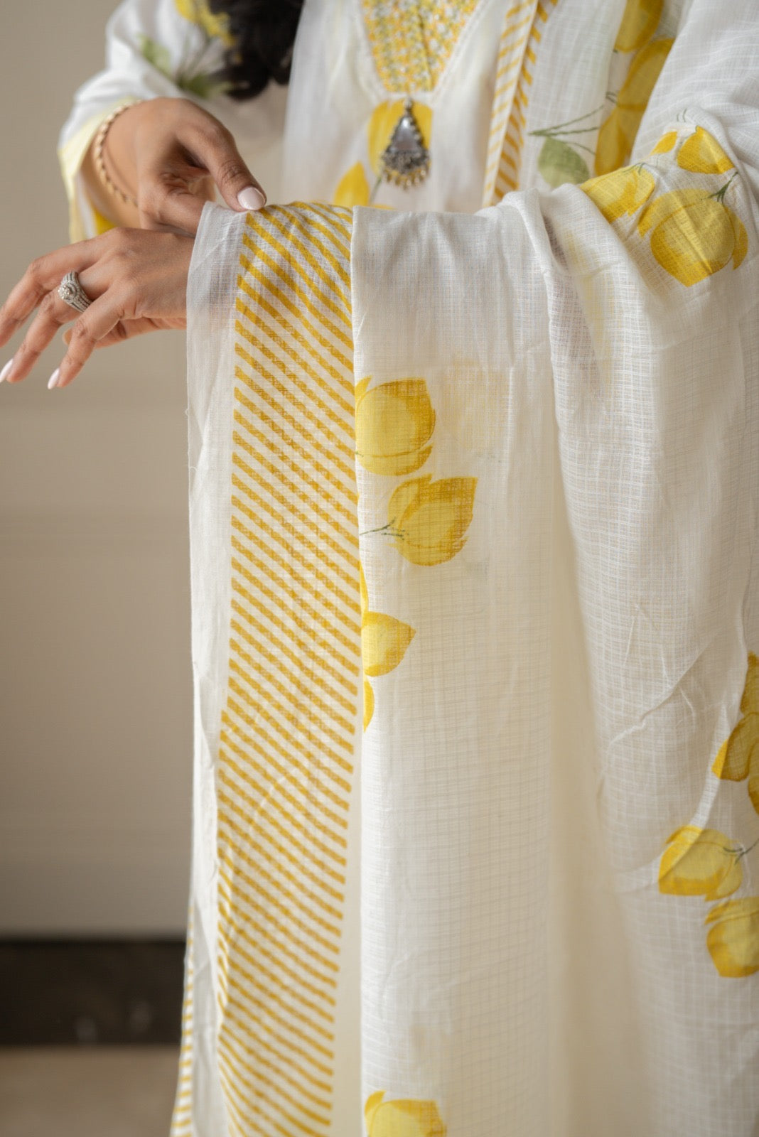 Gusha Cotton Suit- White & Yellow