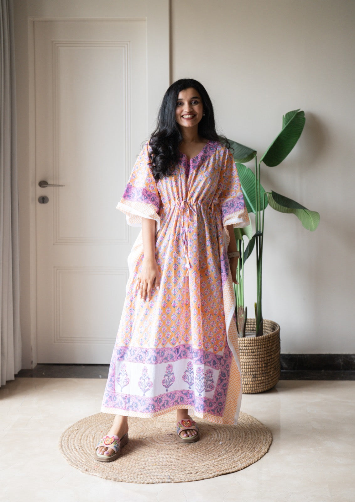 Kashi Block Print Kaftan- Peach Booti