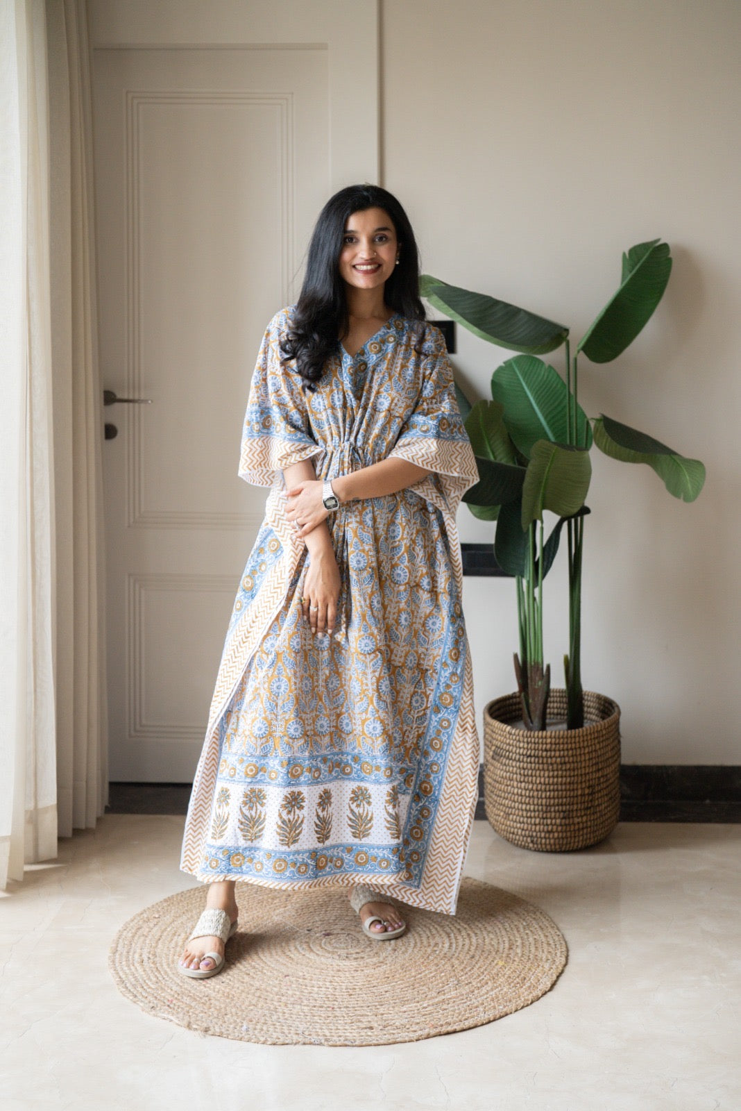 Kashi Block Print Kaftan- Brown Blue Booti