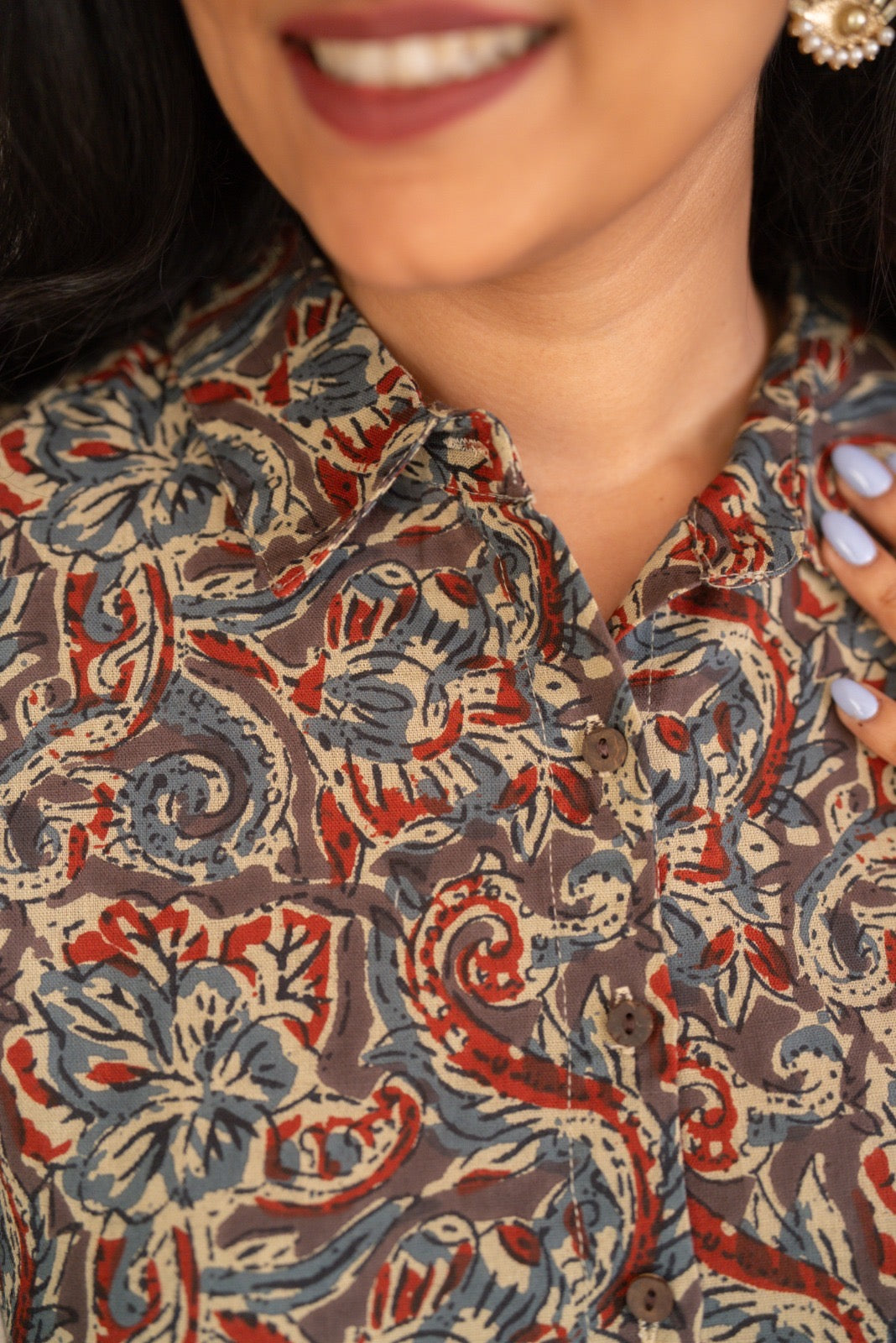 Zora Slub Cotton Shirt- Grey Ajrakh