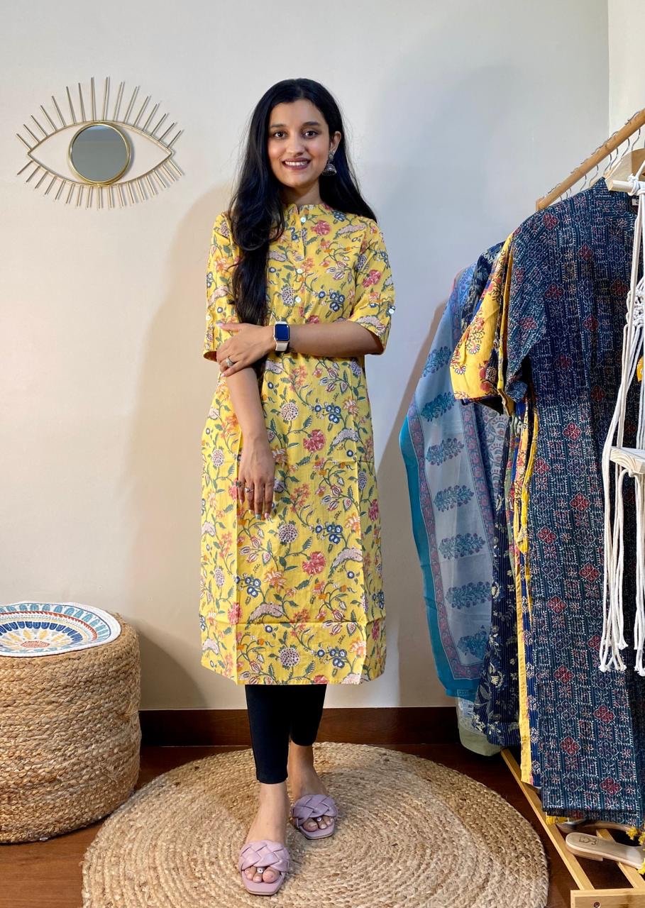 Weekend Cotton Kurta- Pastel Yellow Floral