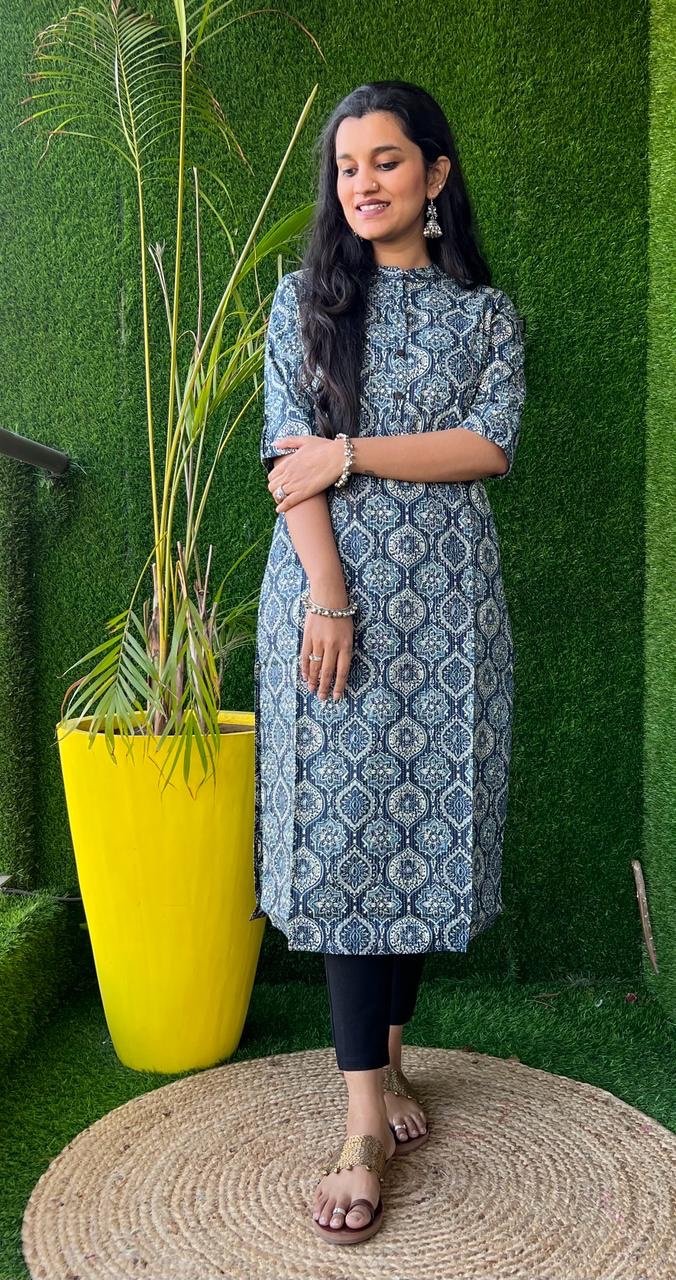 Weekend Cotton Kurta- Indigo Jaal