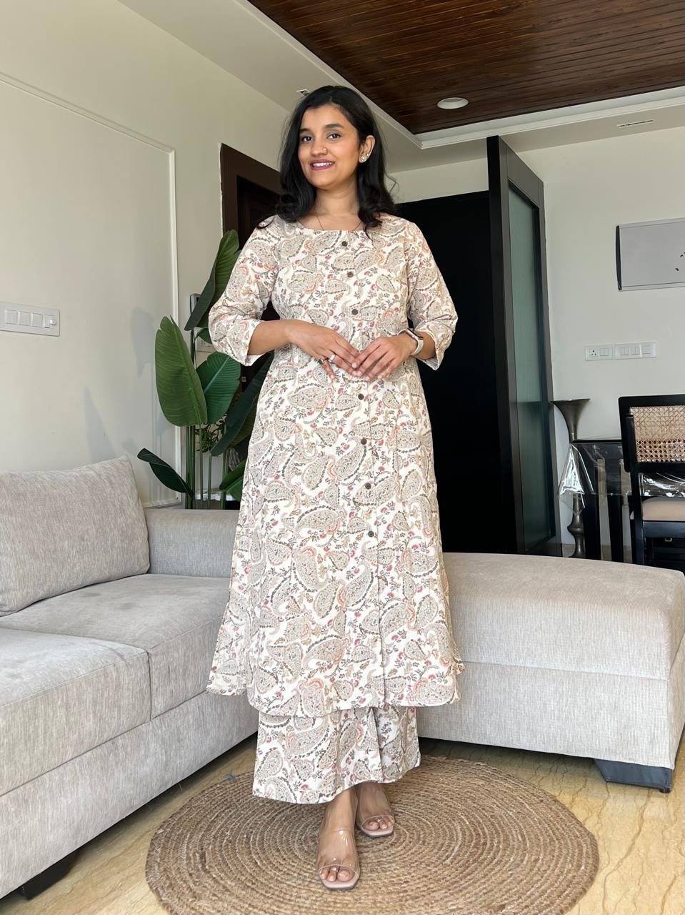 Sheena A-Line Cotton Set- Beige Paisley