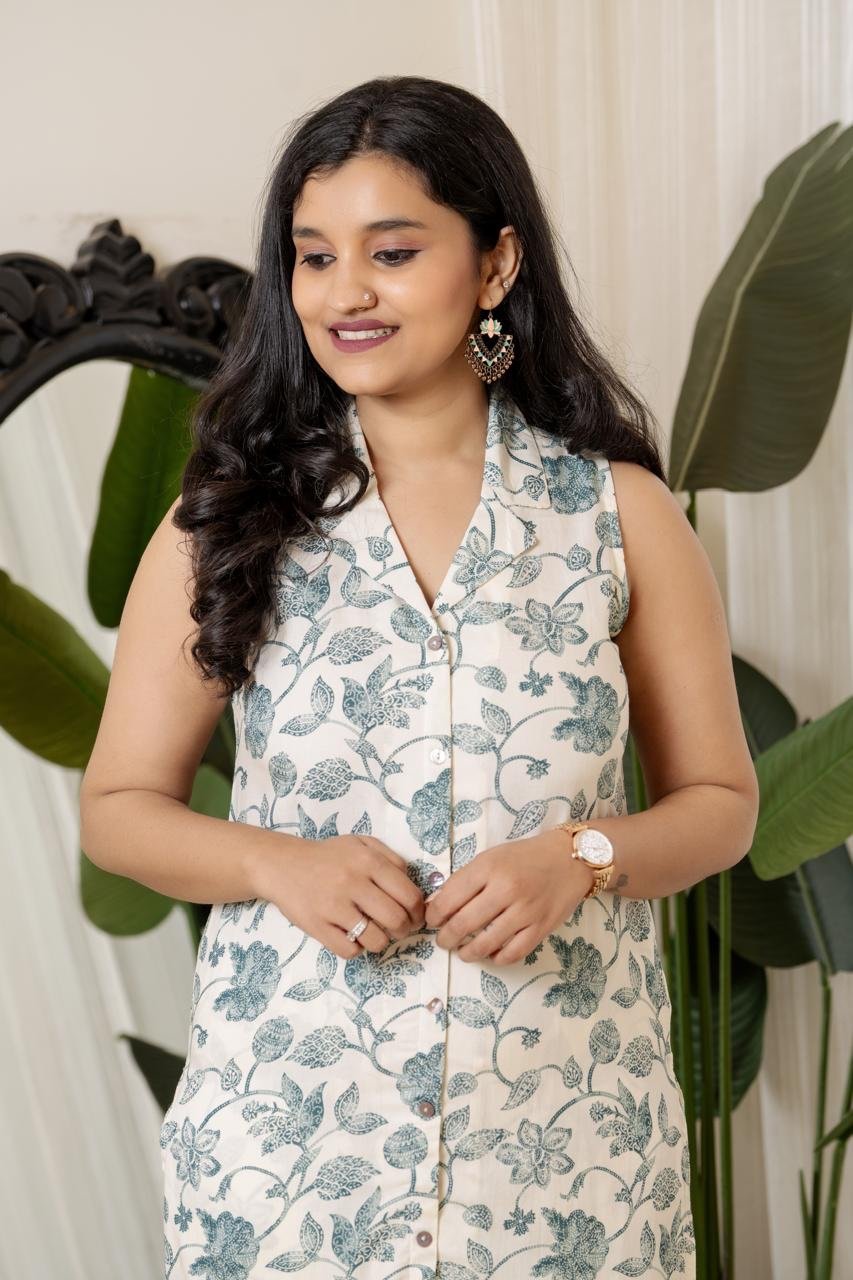 Sleeveless Coord Set- Off White Floral