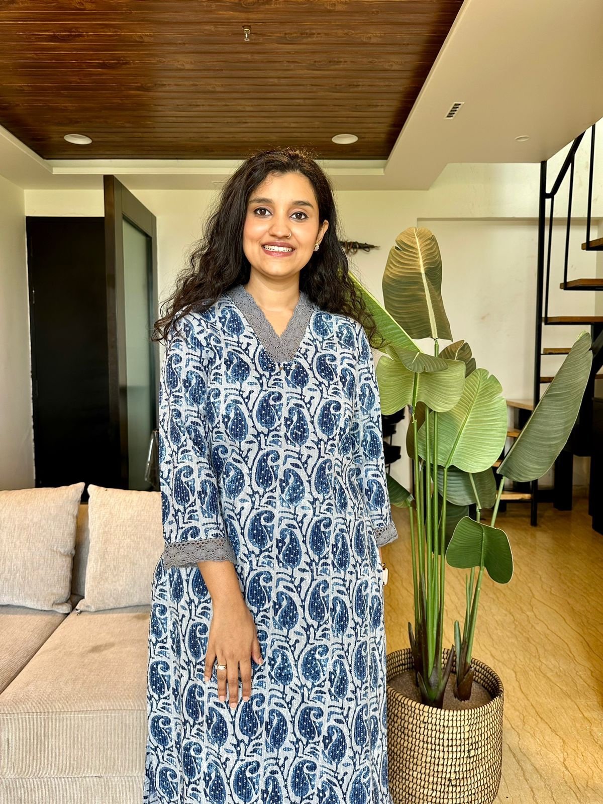Fancy V-Neck Cotton Kurta- Indigo Paisley