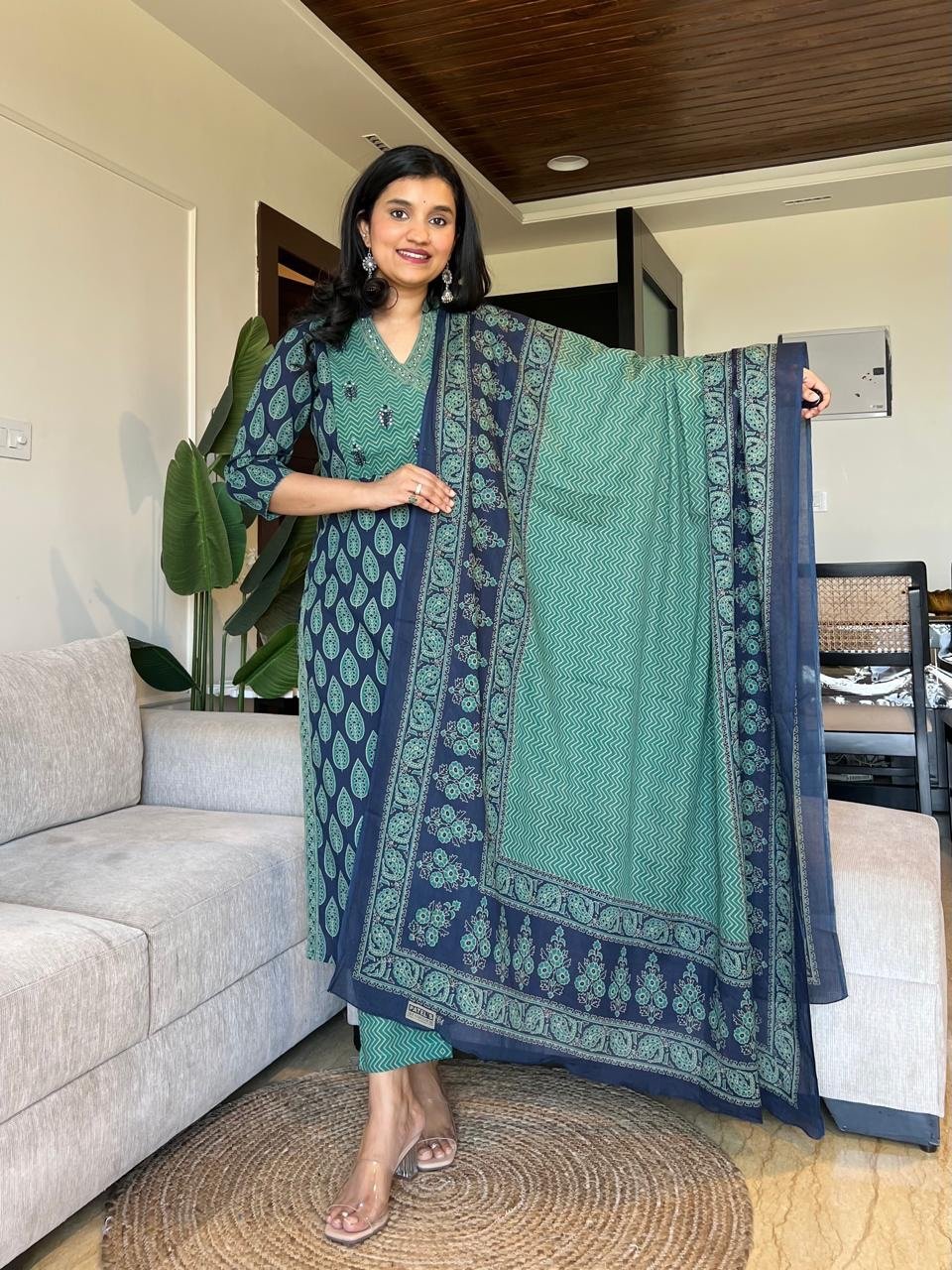 Nisha Ajrakh Angrakha Cotton Set- Blue Green