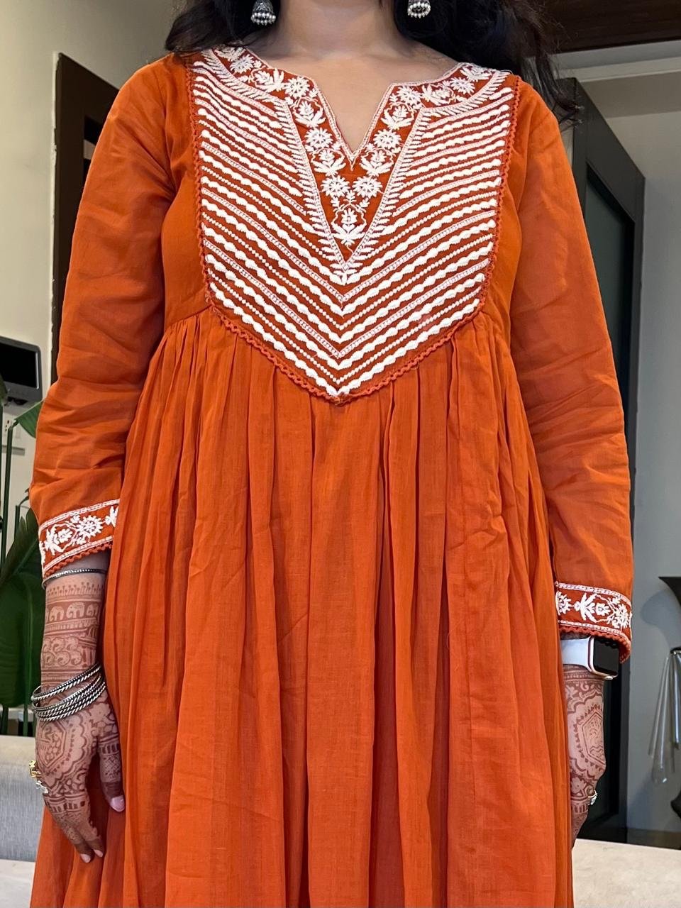 Shayla Embroidered Mulmul Anarkali Set- Orange