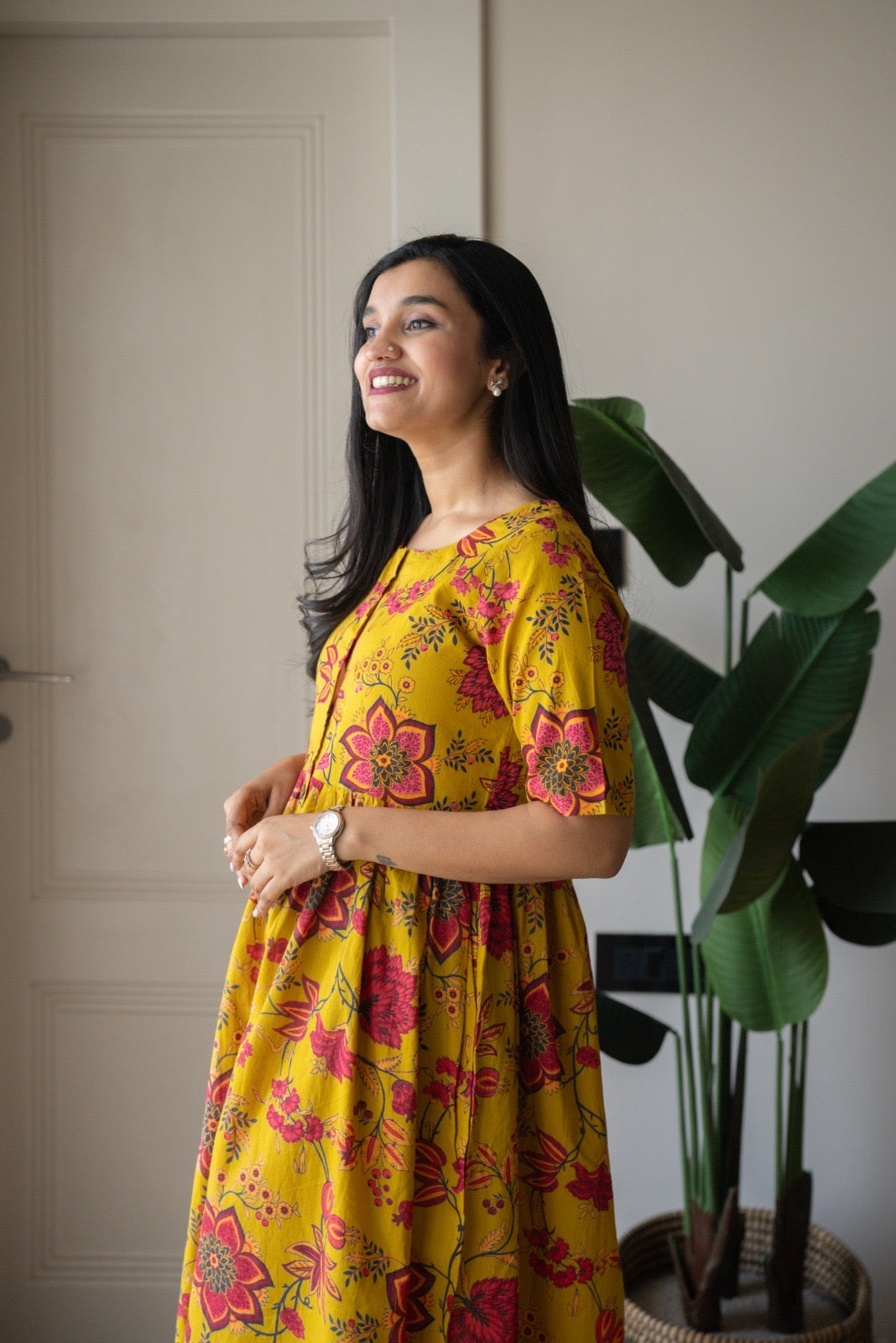 Drishy Maternity Cotton Dress- Mustard Florals