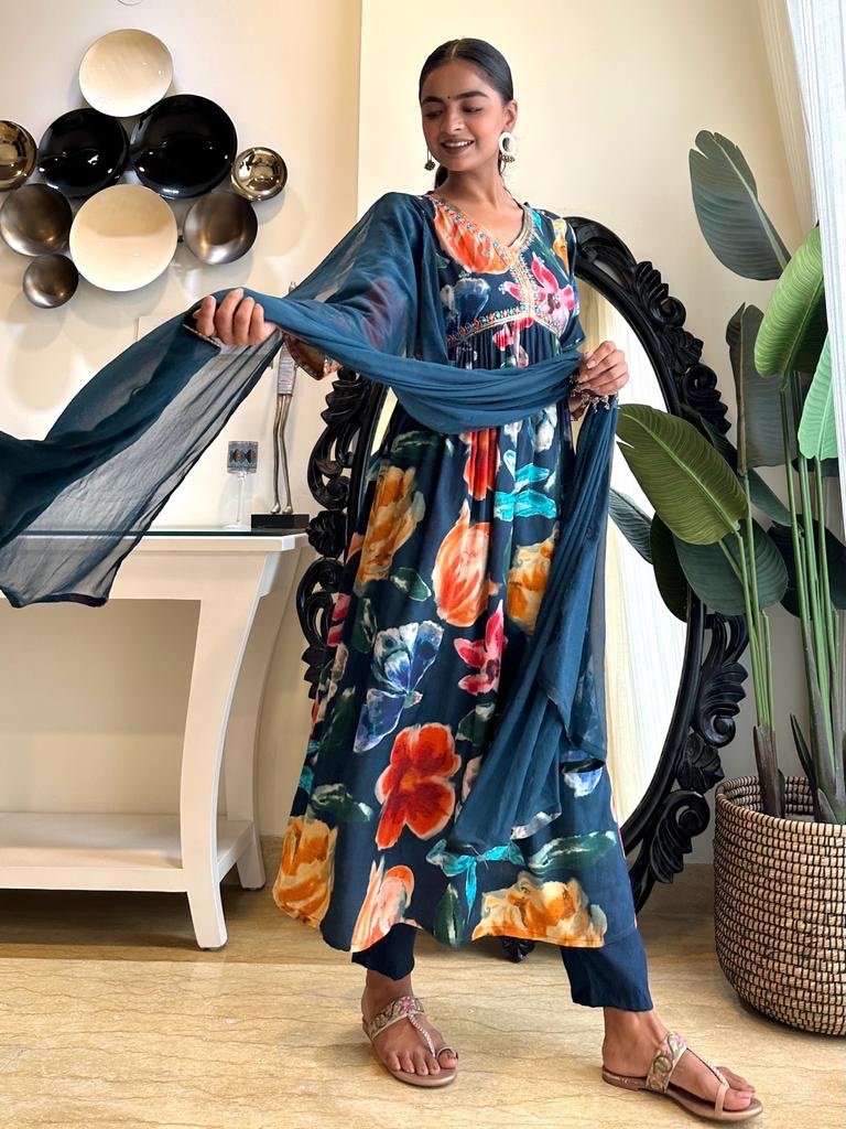 Blue Big Floral Alia Muslin Set
