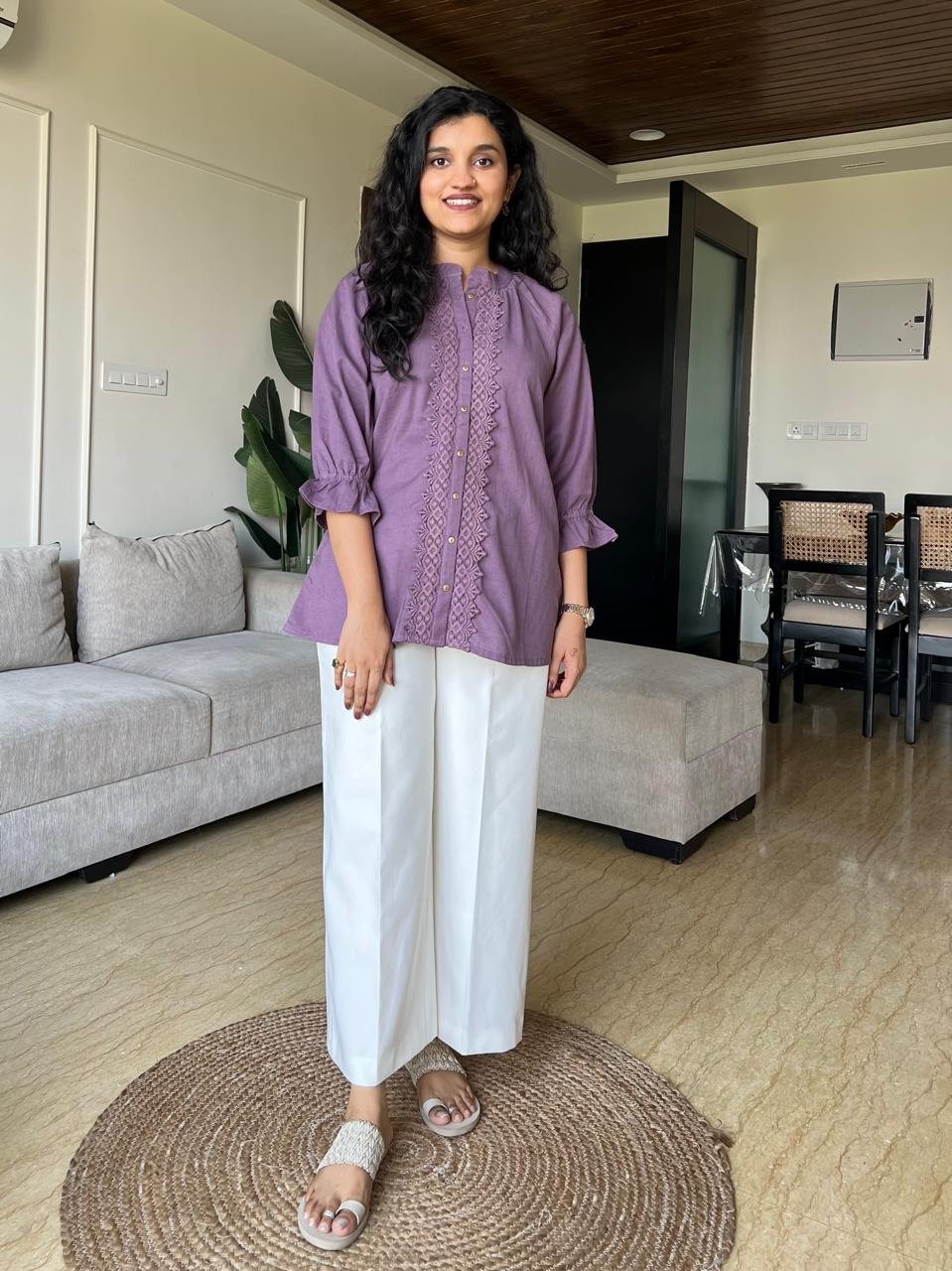 Tisha Cotton Embroidered Top- Purple