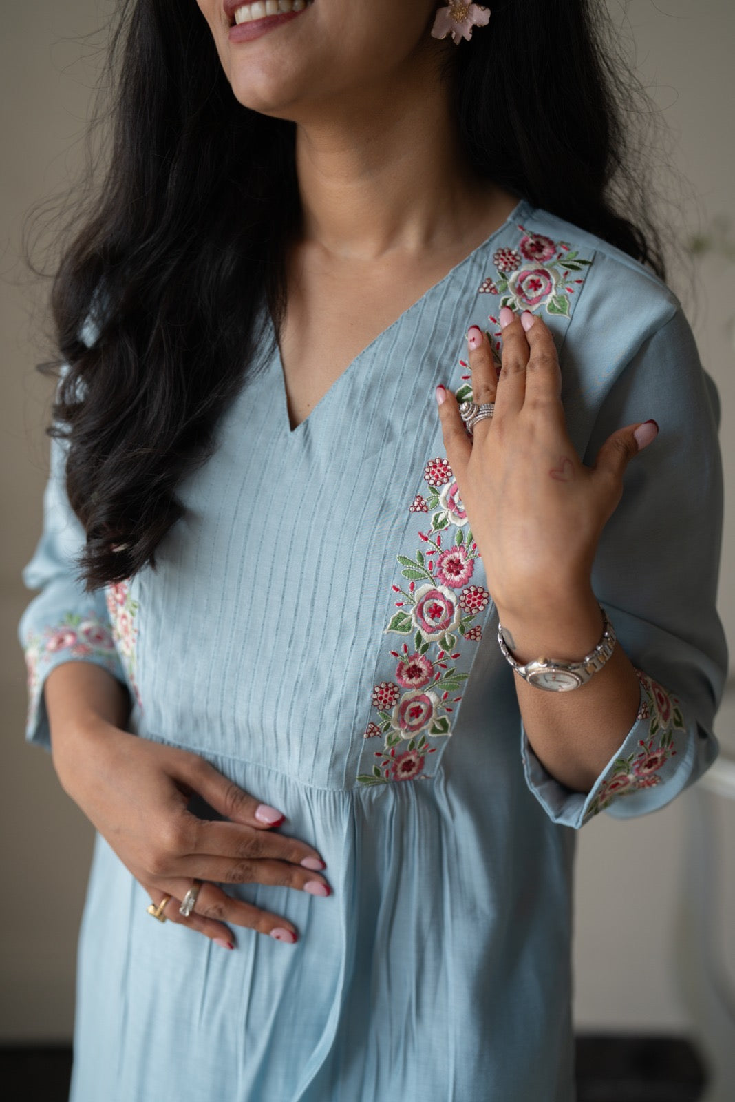 Amber Muslin Embroidered Pant Set- Pastel Blue
