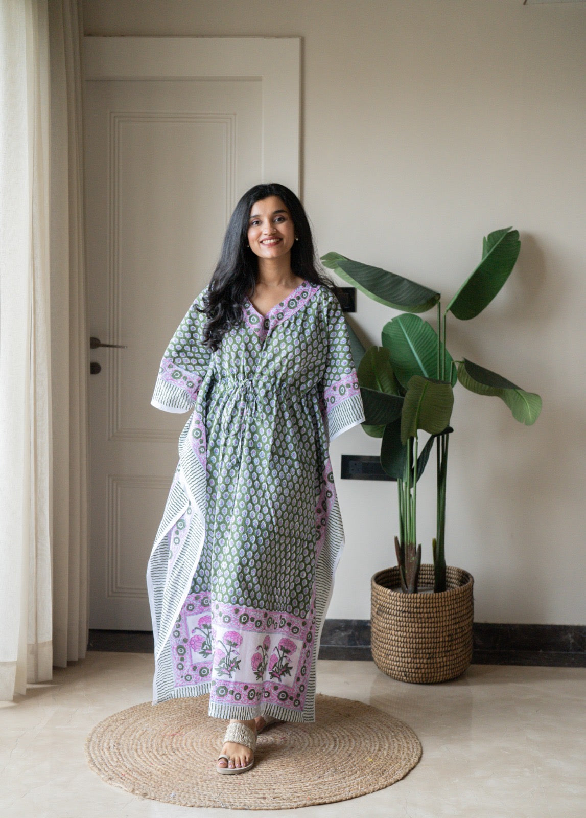 Kashi Block Print Kaftan- Dark Green Booti