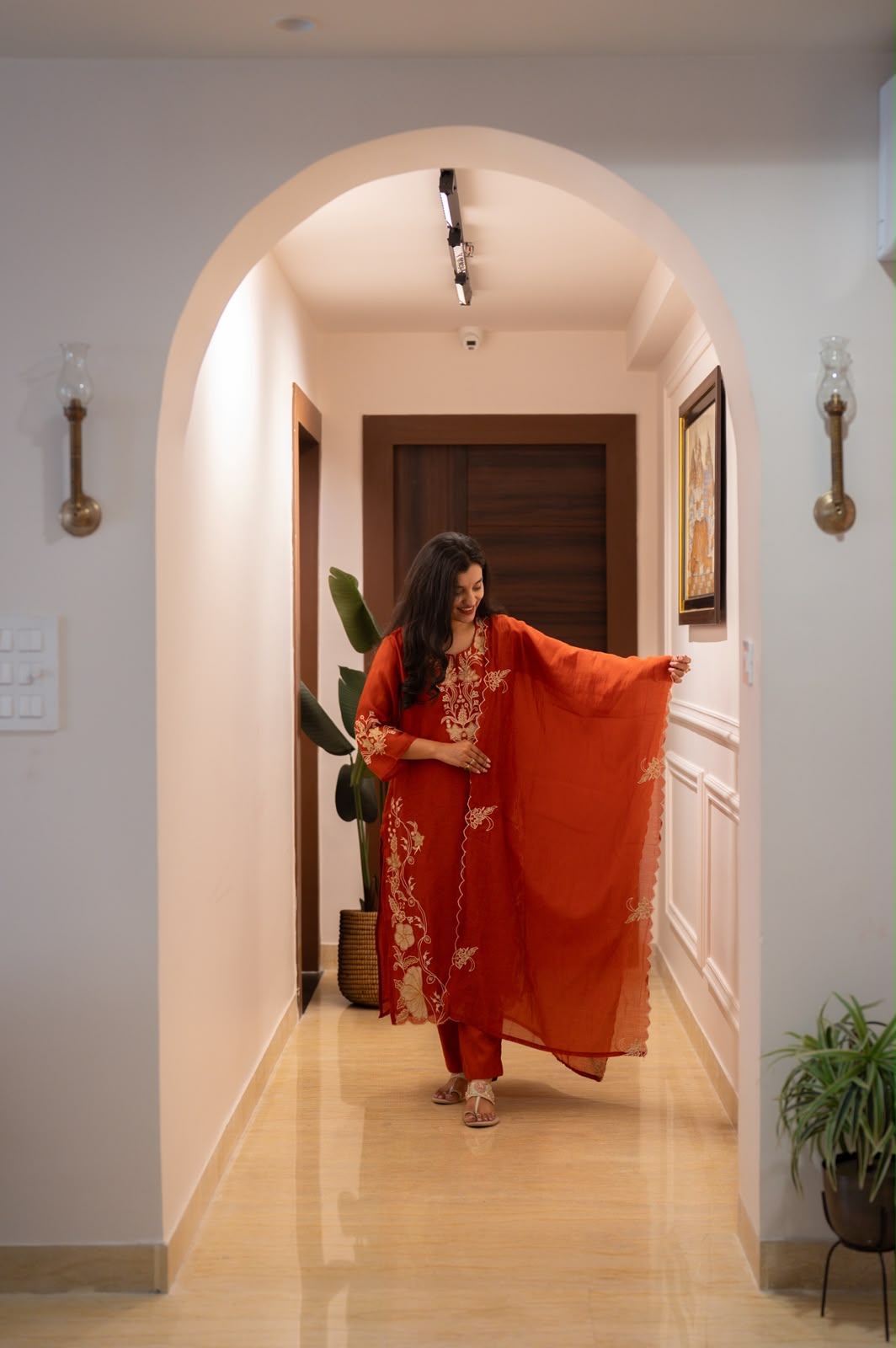 Varaha Mul Chanderi Luxe Suit- Rust