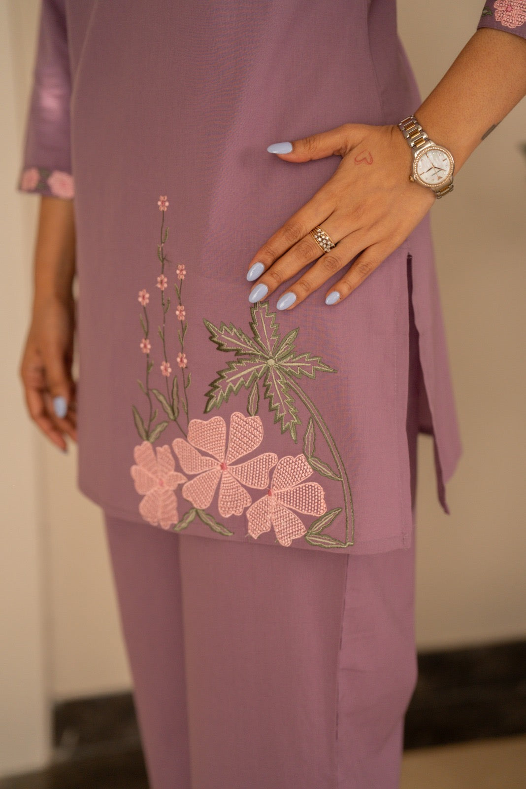 Ginni Embroidered Cotton Coord Set- Purple